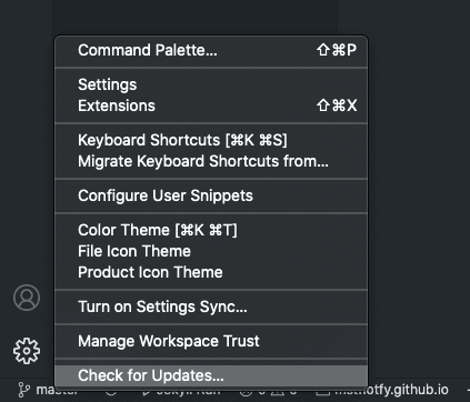 VSCode settings icon clicked. A menu pops up with a "check for updates..." option, that is about to be clicked
